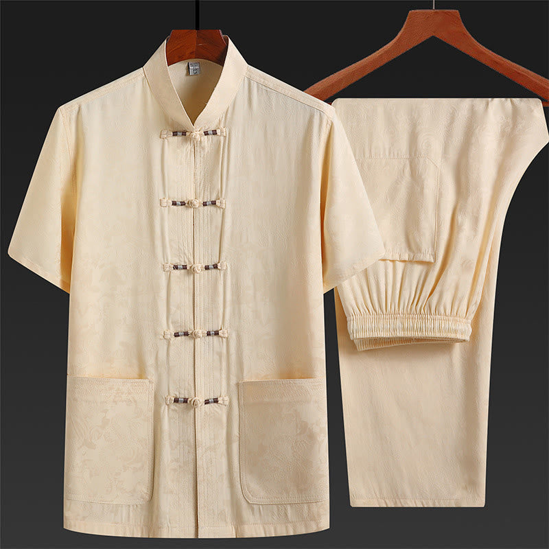 Along the River During the Qingming Festival Pattern Traditional Tang Suit Short Sleeve Shirt Pants Clothing Men's Set