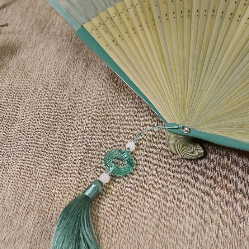 Retro Mountain River Crane Silk Handheld Bamboo Folding Fan