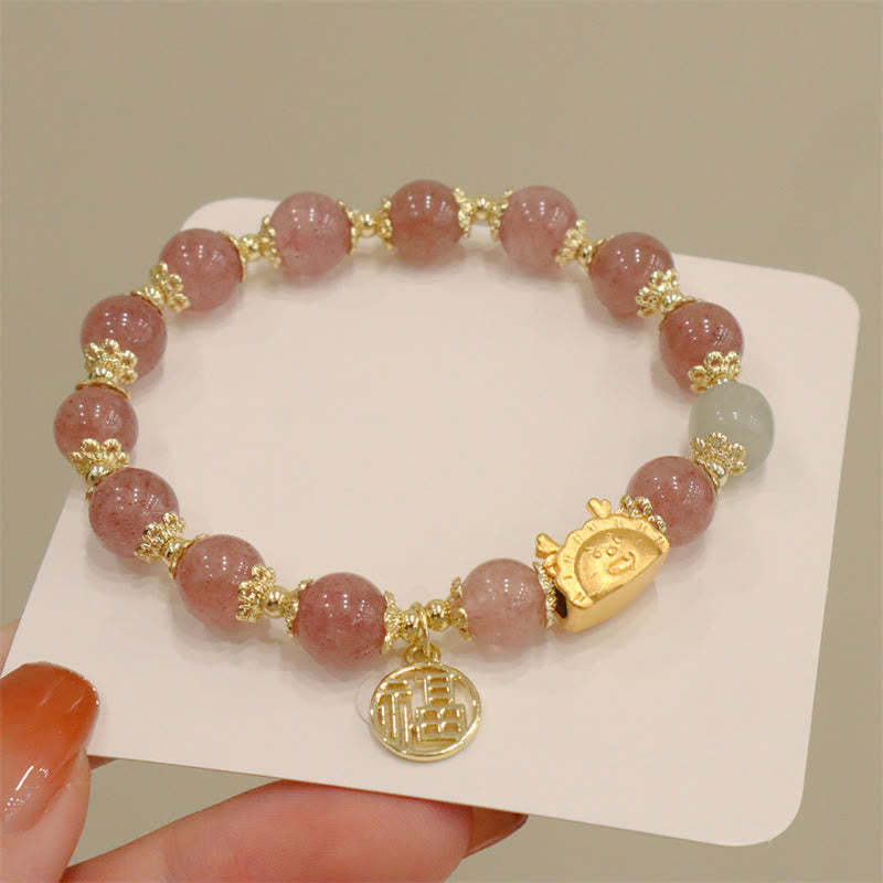 Year Of The Dragon Red Agate Strawberry Quartz Black Obsidian Jade Garnet Pearl Cinnabar Dumpling Dragon Luck Fu Character Bracelet
