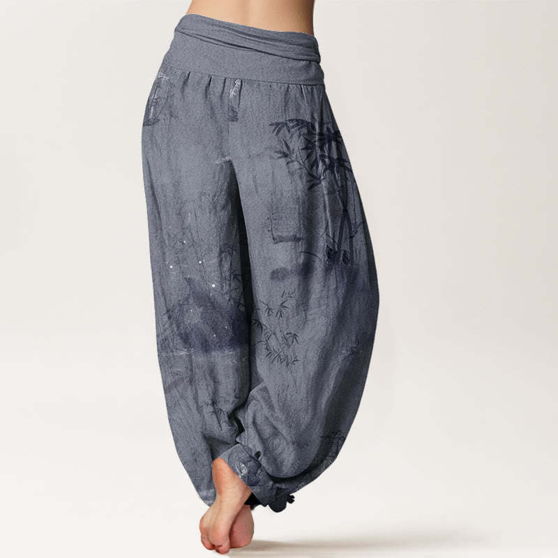 Casual Bamboo Rock Ink Painting Women's Elastic Waist Harem Pants
