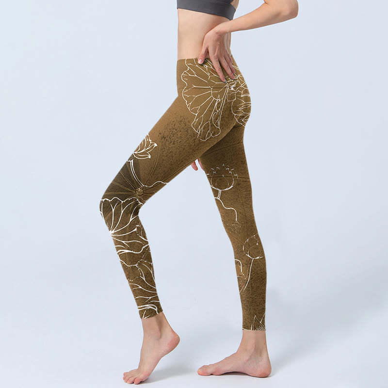 Goldenrod Lotus Flowers Leaves Print Gym Fitness Leggings Women's Yoga Pants