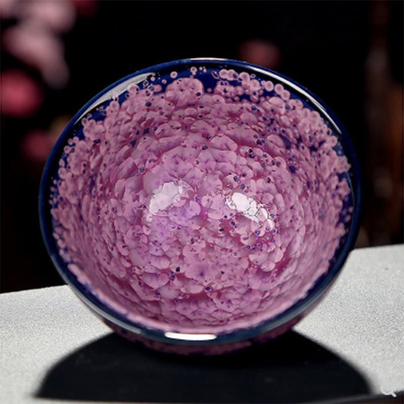 Colorful Iris Flowers Chinese Jianzhan Kiln Change Porcelain Teacup Tenmoku Kung Fu Tea Cup