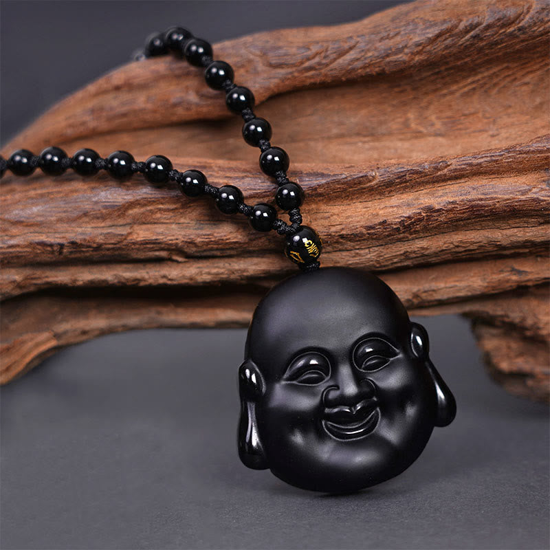 Natural Black Obsidian Laughing mystic zen Purification Necklace Pendant
