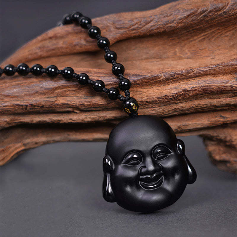 Natural Black Obsidian Laughing mystic zen Purification Necklace Pendant