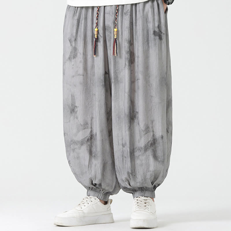 Flower Sketch Braided Drawstring Linen Men's  Pants With Pockets