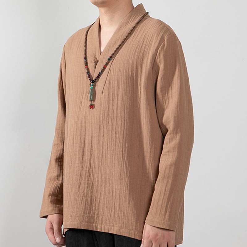 Fall Simple V-Neck Long Sleeve T-Shirt Cotton Men Clothing