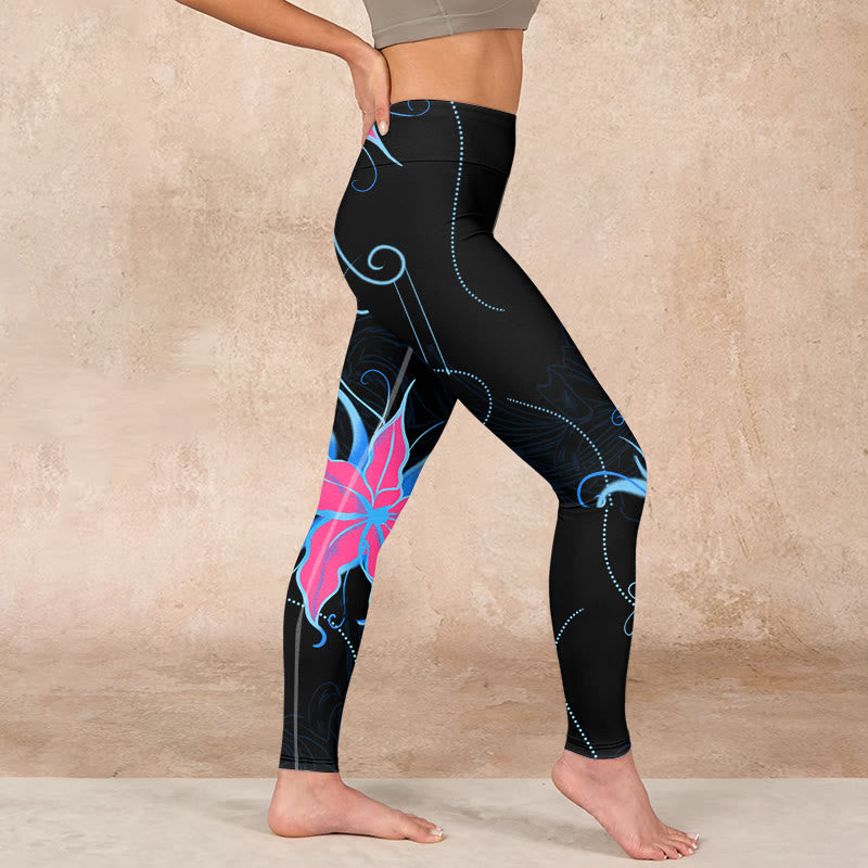 Black Pink Blue Flowers Print Fitness Leggings Women's Yoga Pants