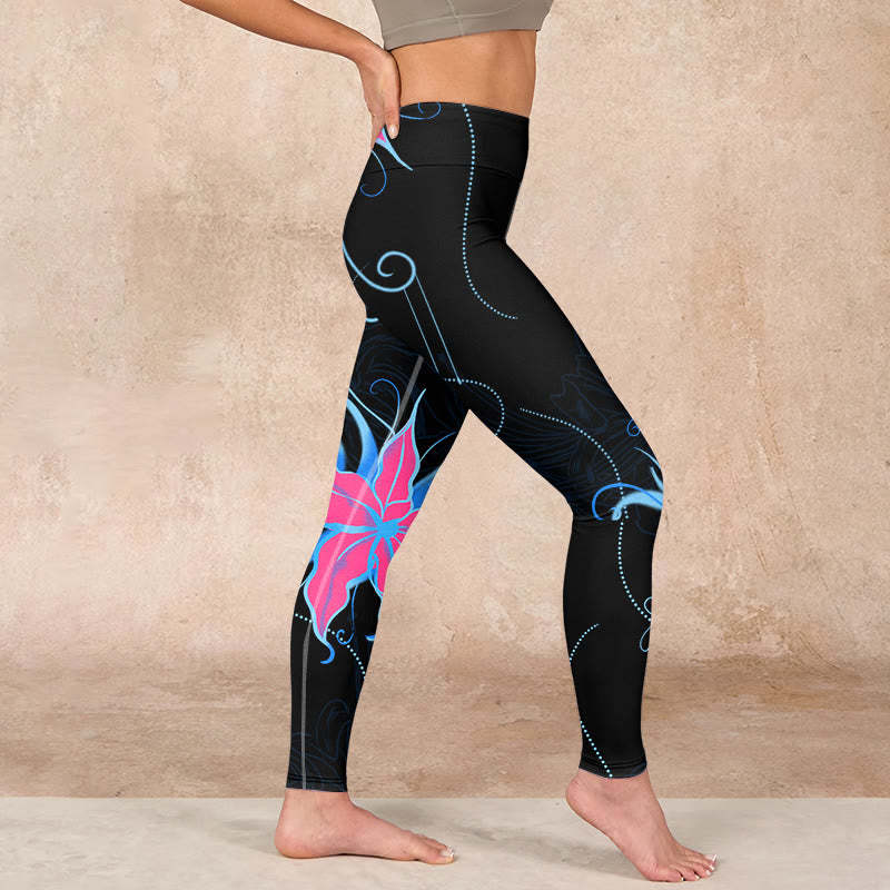 Black Pink Blue Flowers Print Fitness Leggings Women's Yoga Pants