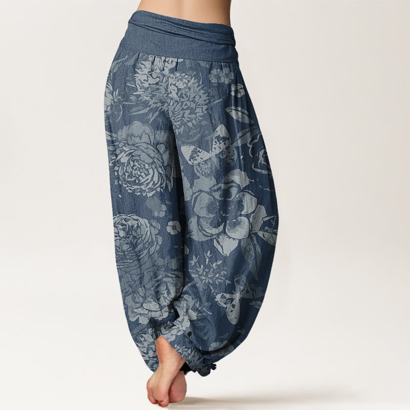 Casual Peony Flowers Leaves Women's Elastic Waist Harem Pants