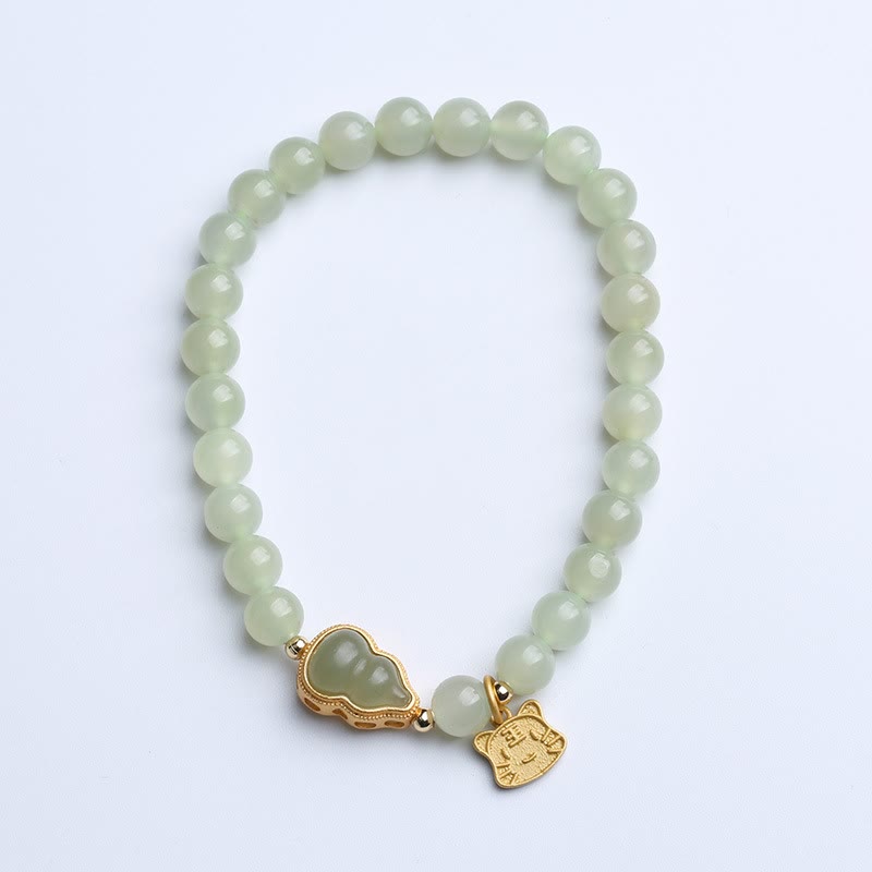 925 Sterling Silver Plated Gold Natural Hetian Jade Bead Gourd Lotus Bamboo Fu Character Luck Bracelet