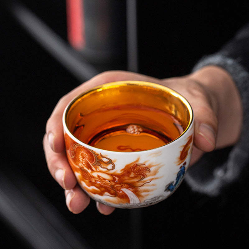 Dragon Phoenix Crane Sun Ocean Waves Gilt Ceramic Teacup Kung Fu Tea Cup 170ml