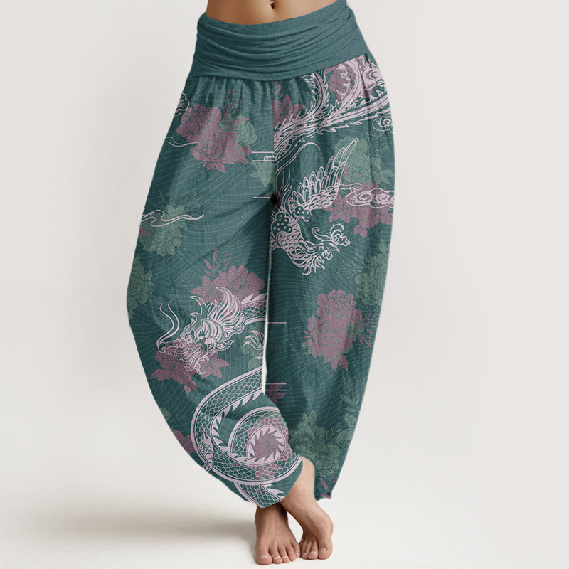 Dragons Roses Auspicious Clouds Phoenix Women's Elastic Waist Harem Pants