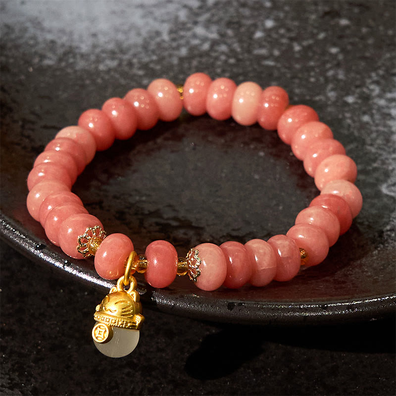 Strawberry Quartz Cyan Jade Lucky Cat Beads Healing Bracelet