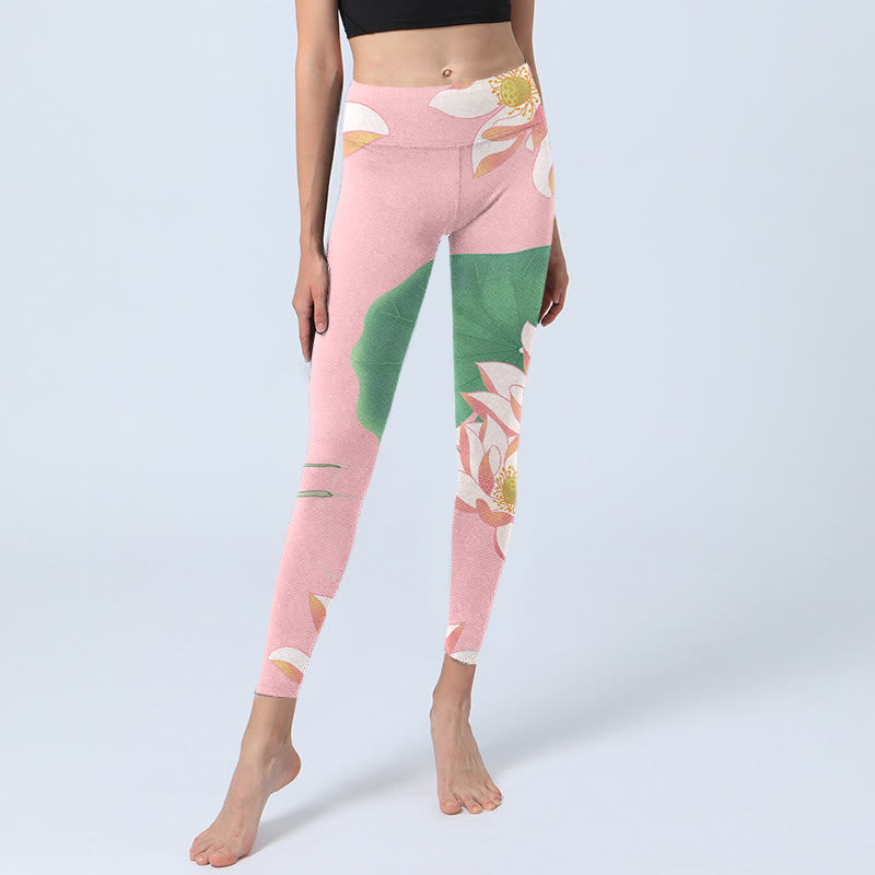 Pink Lotus Flower Leaf Print Gym Fitness Leggings Women's Yoga Pants