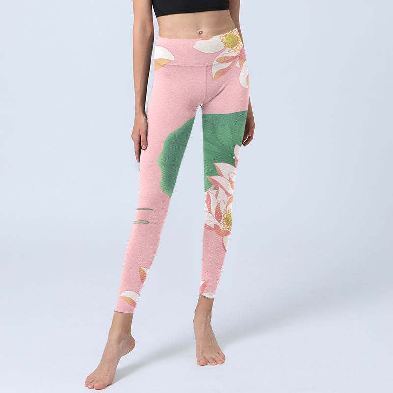 Pink Lotus Flower Leaf Print Gym Fitness Leggings Women's Yoga Pants