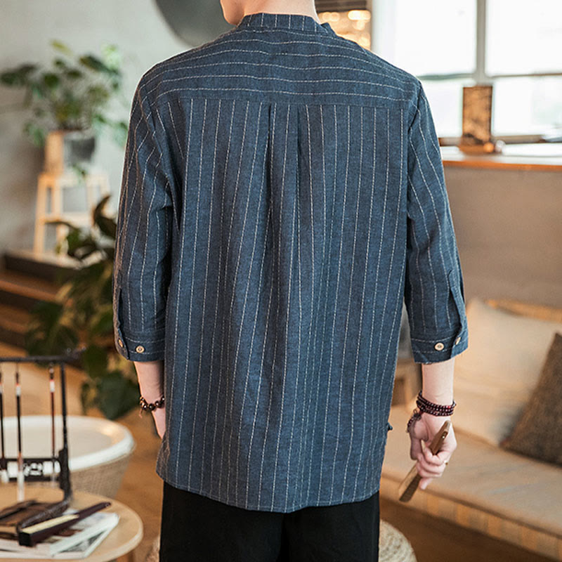Half Button Striped Three Quarter Sleeves Linen Men's Shirt