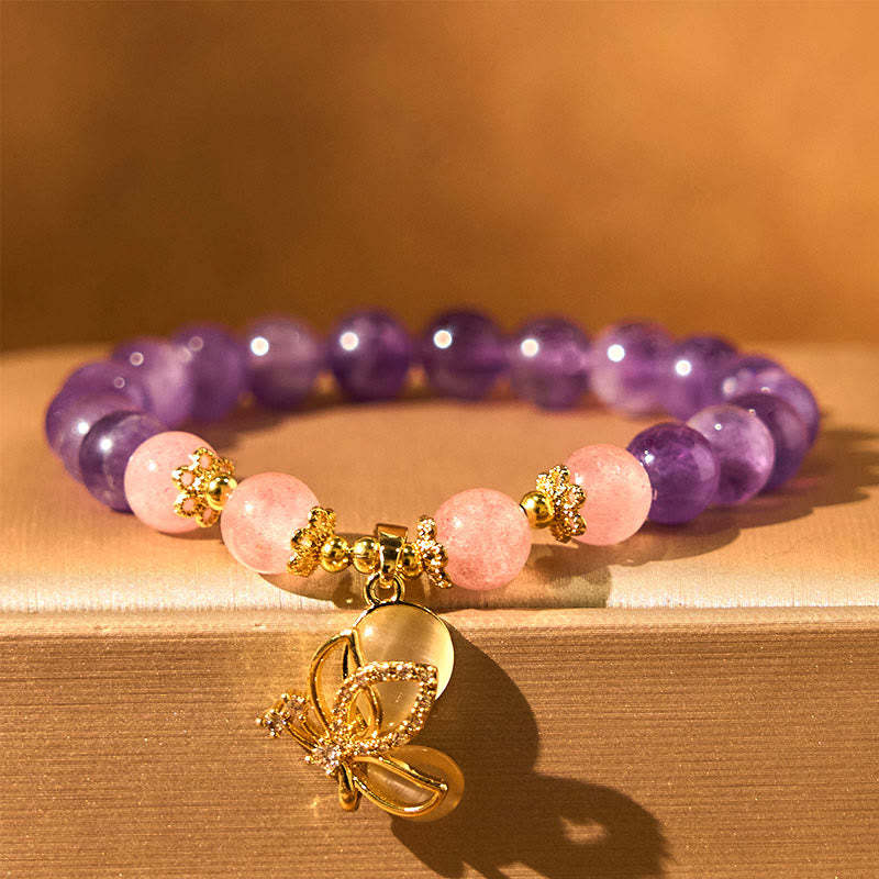 Natural Amethyst Strawberry Quartz Crystal Healing Butterfly Charm Bracelet