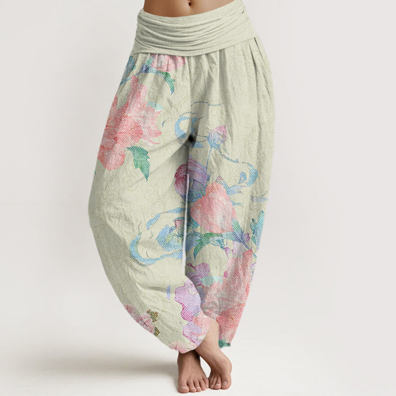 Casual Bright Peony Flower Grass Women's Elastic Waist Harem Pants