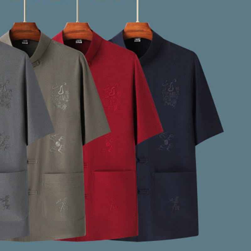 Tang Suit Hanfu Chinese Dragon Traditional Kung Fu Uniform Short Sleeve Tops and Pants Clothing Men's Set