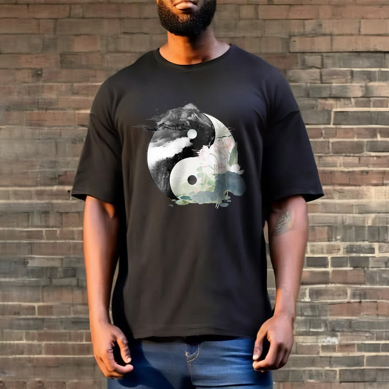 Yin Yang Lotus Leaf Ink Painting Cotton Tee T-shirt