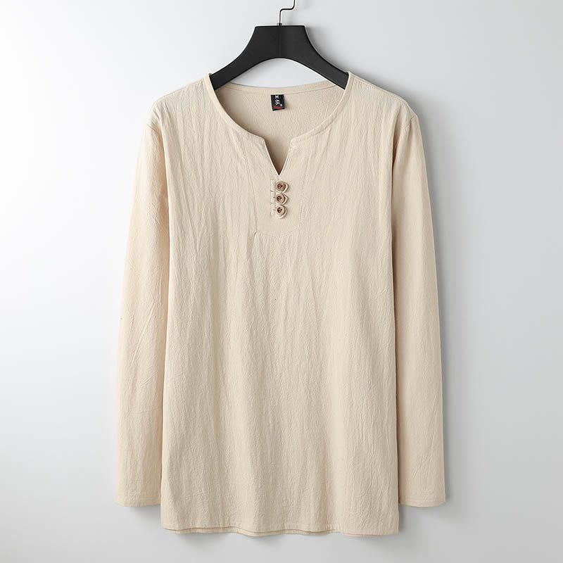 Solid Color Long Sleeve Button Shirt Cotton Linen Men Clothing
