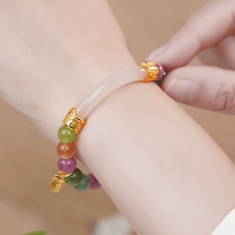 Colorful Tourmaline Chalcedony Positive Fu Character Charm Bracelet