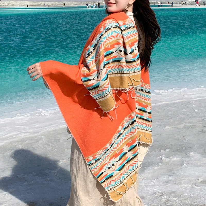 Tibetan Geometric Rhombus Pattern Tassels Shawl Fall Winter Warm Cozy Scarf Wrap
