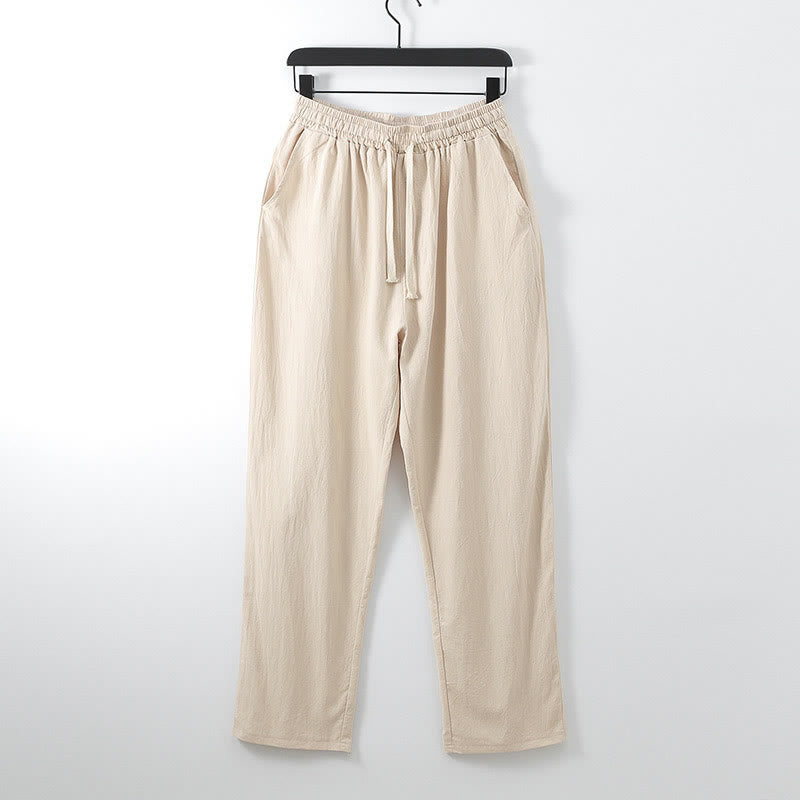 Solid Color Cotton Linen Casual Loose Men's Pants With Pockets