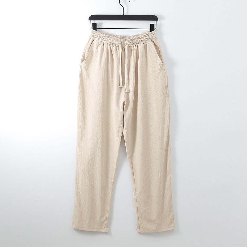 Solid Color Cotton Linen Casual Loose Men's Pants With Pockets