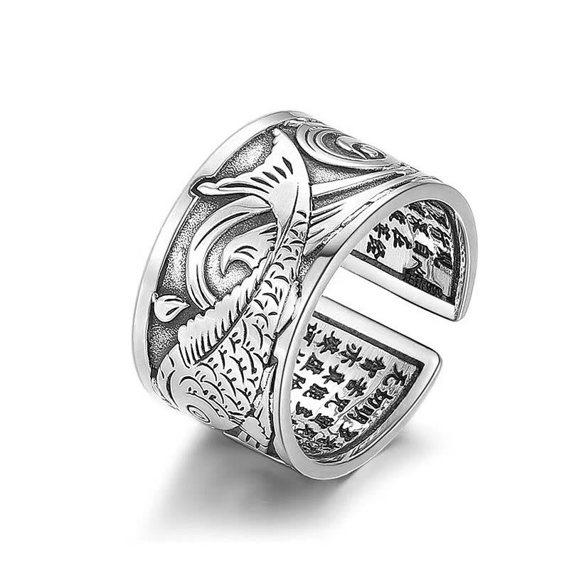 Koi Fish Heart Sutra Carved Design Luck Wealth Ring