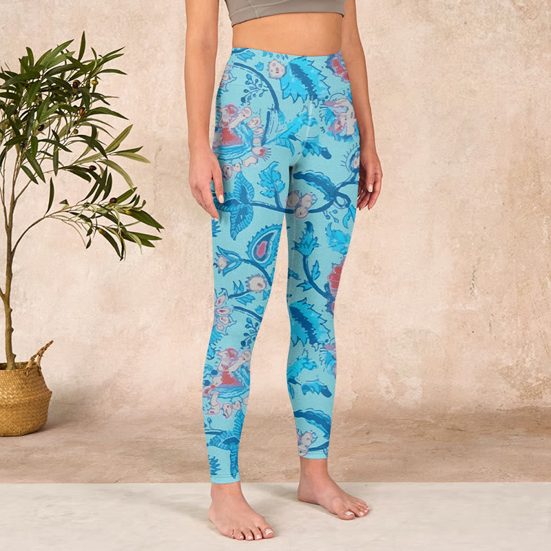 Blue Red Flowers Leaves Print Gym Leggings Women's Yoga Pants