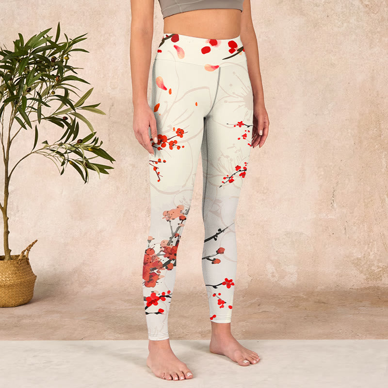 Blooming Red Plum Blossoms Print Gym Leggings Women's Yoga Pants