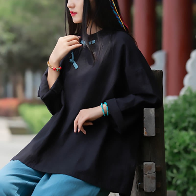 Ramie Linen Loose Blouse Women Long Sleeve Shirt Chinese Hanfu Top