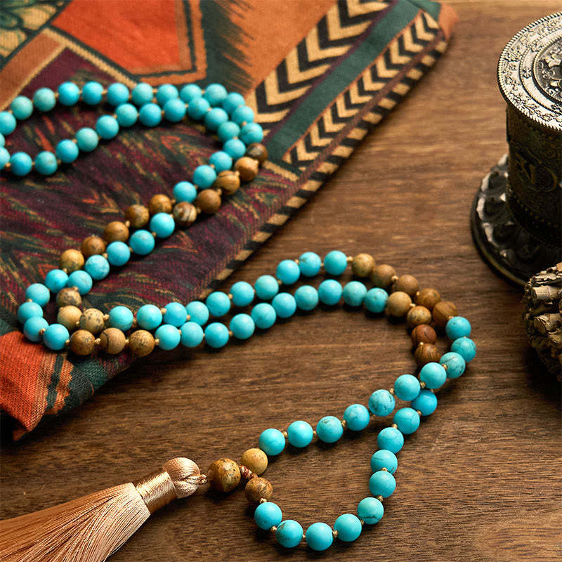 108 Mala Beads Turquoise Picture Jasper Bead Tassel Balance Bracelet