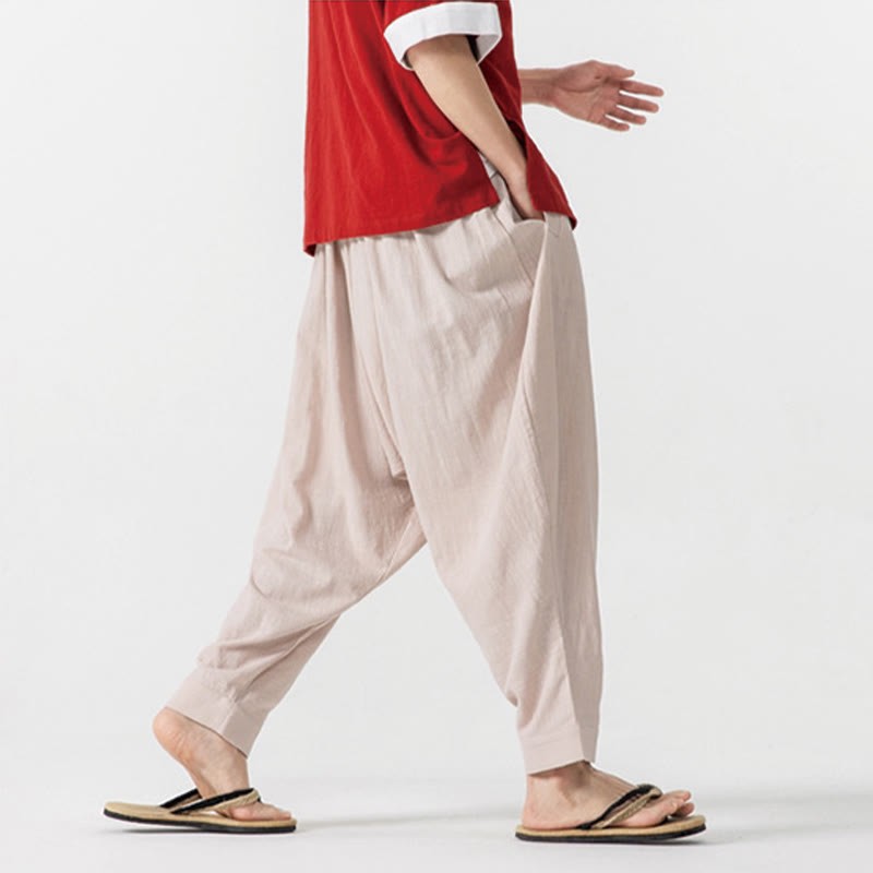 Solid Color Drawstring Men's Harem Pants With PocketsAnkle-Length (9 Length)