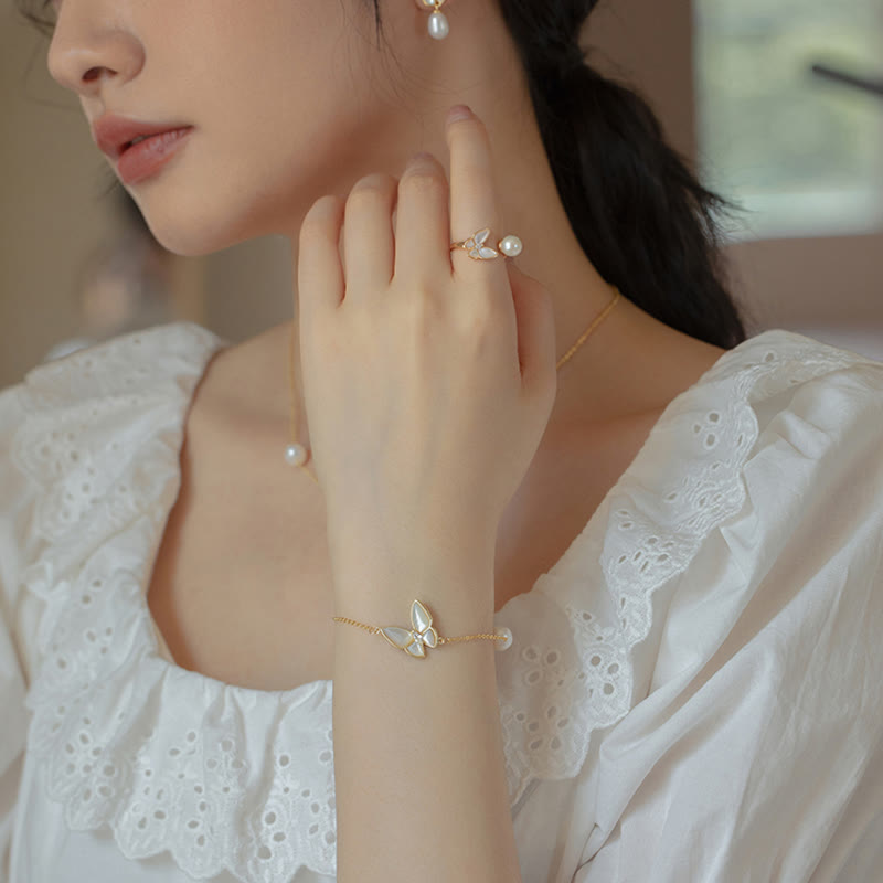 14K Gold Plated Copper Pearl Tridacna Stone Butterfly Blessing Ring Bracelet Necklace Pendant Earrings Set