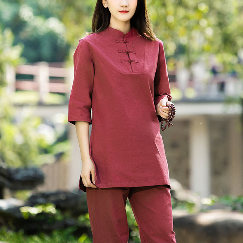 2Pcs Half Sleeve Shirt Top Pants Meditation Zen Tai Chi Cotton Linen Clothing Women's Set
