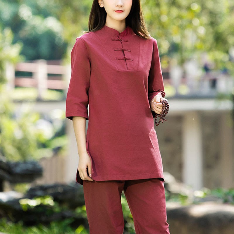 2Pcs Half Sleeve Shirt Top Pants Meditation Zen Tai Chi Cotton Linen Clothing Women's Set