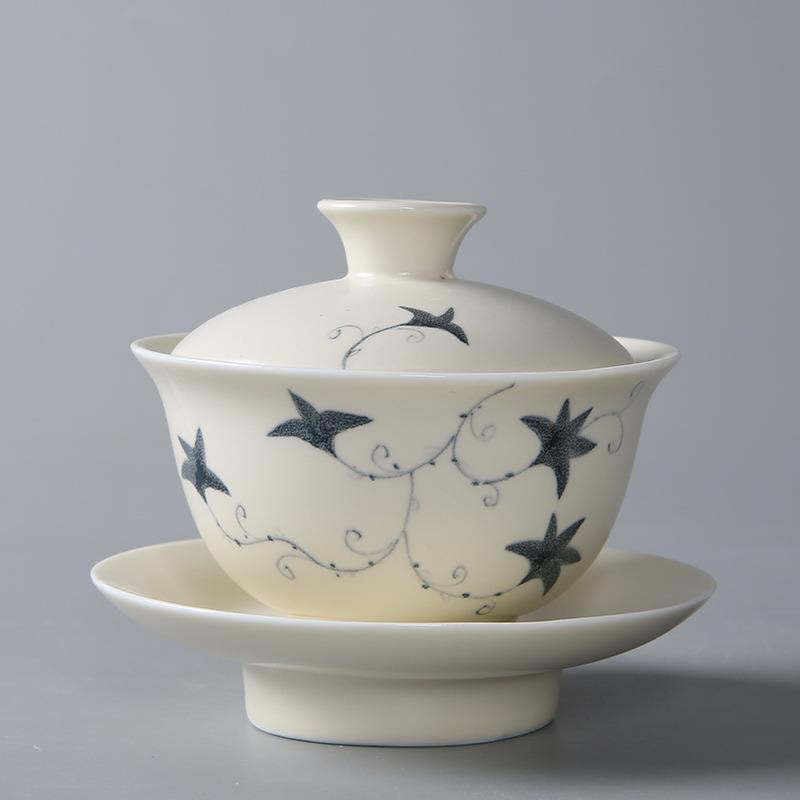 Hand Painted Pomegranate Hibiscus Pine Lotus Ceramic Gaiwan Sancai Teacup Kung Fu Tea Cup And Saucer With Lid
