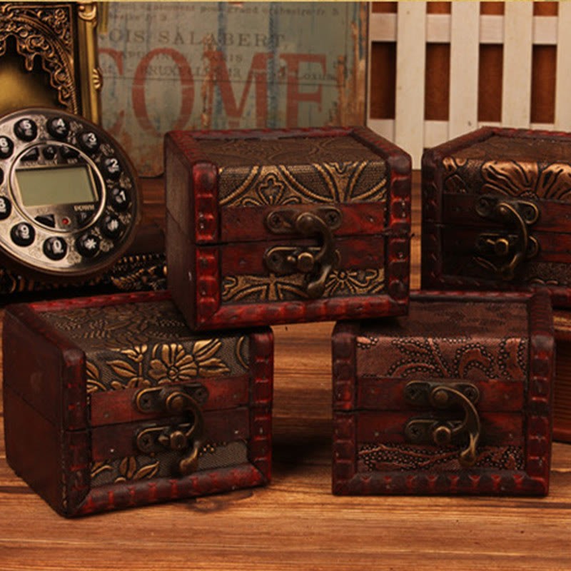 Retro Small Square Wood Jewelry Box Lotus Grass Flower Grape Copper Coin Daffodil Jewelry Storage Box
