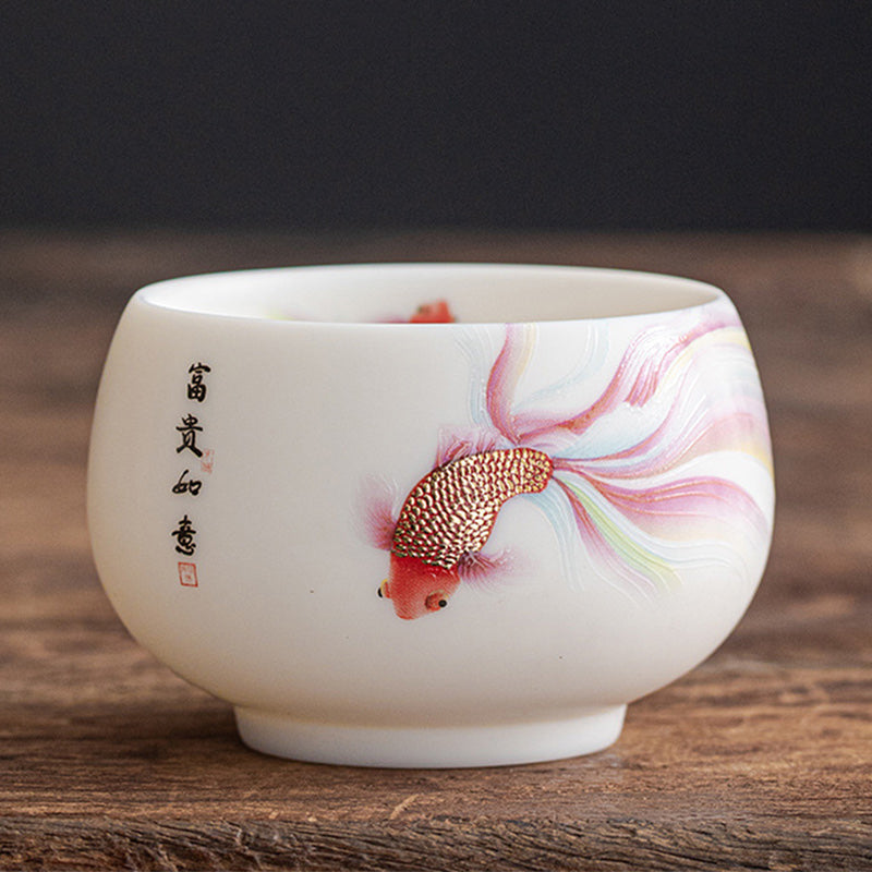 Koi Fish White Porcelain Ceramic Teacup Kung Fu Tea Cup