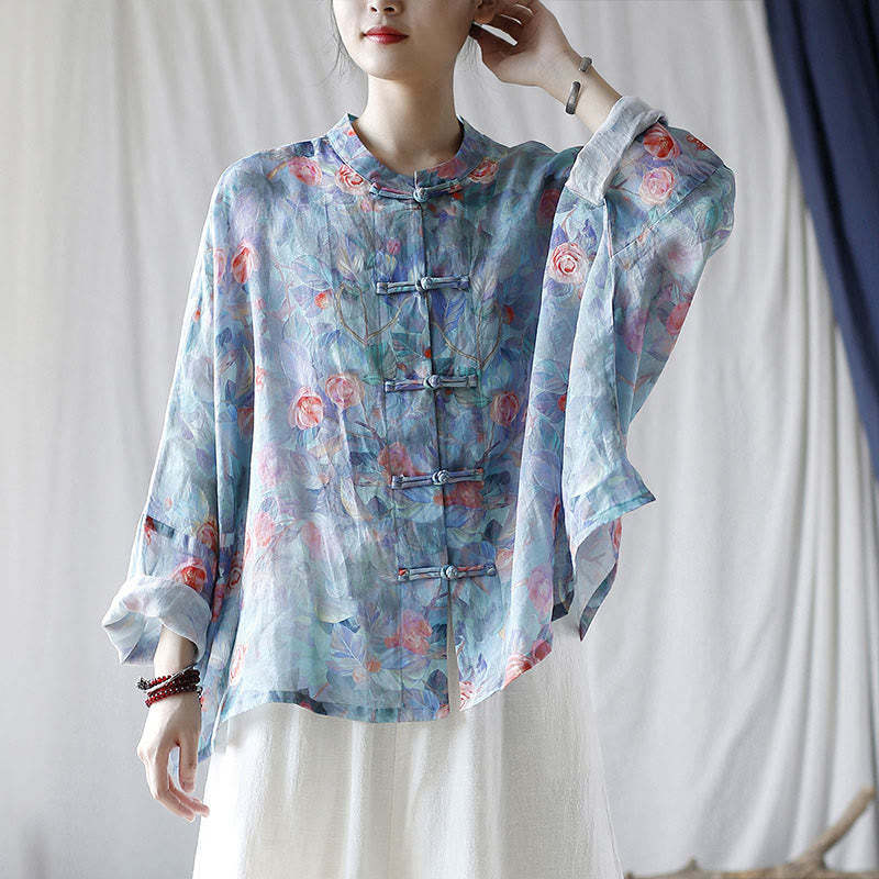 Pink Flowers Green Leaves Print Frog-button Design Long Sleeve Ramie Linen Jacket Shirt