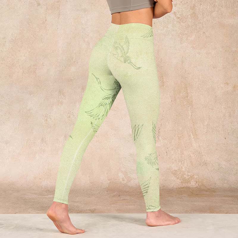 Light Yellow Crane Print Sports Leggings Women's Yoga Pants