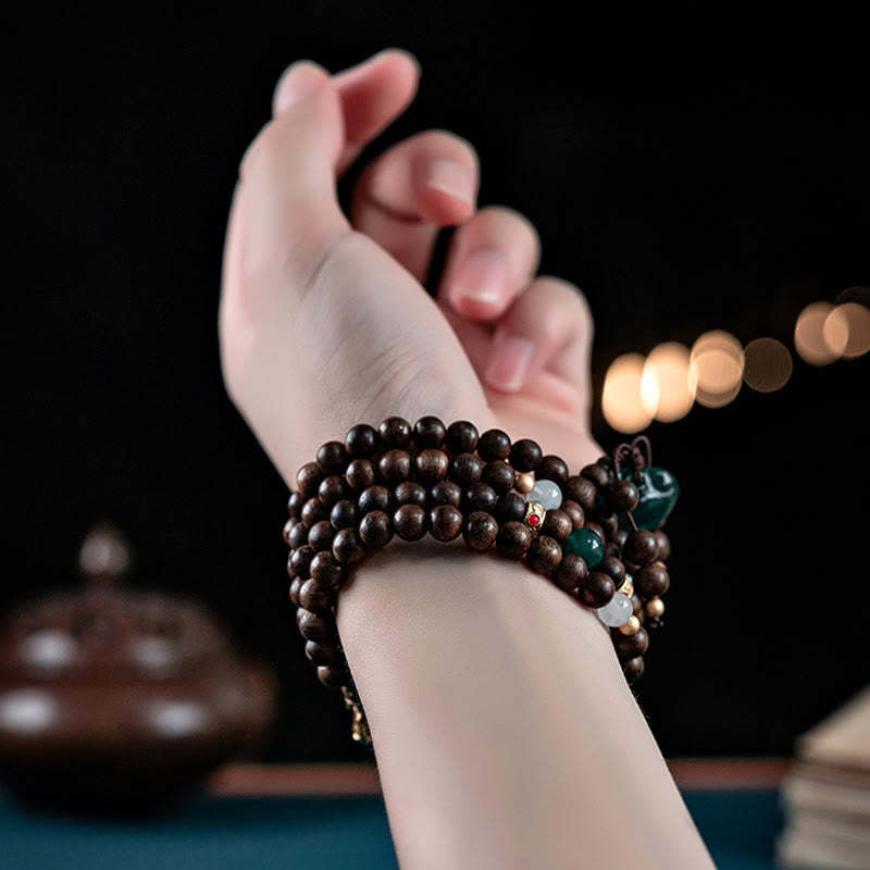 108 Mala Beads Kalimantan Agarwood Laughing mystic zen Peace Buckle Red Agate Jade Strength Bracelet
