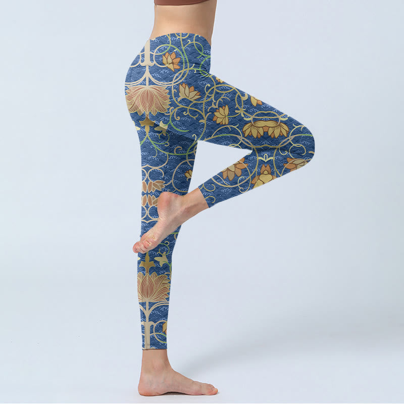 Lotus Flowers Print Gym Leggings Women's Yoga Pants