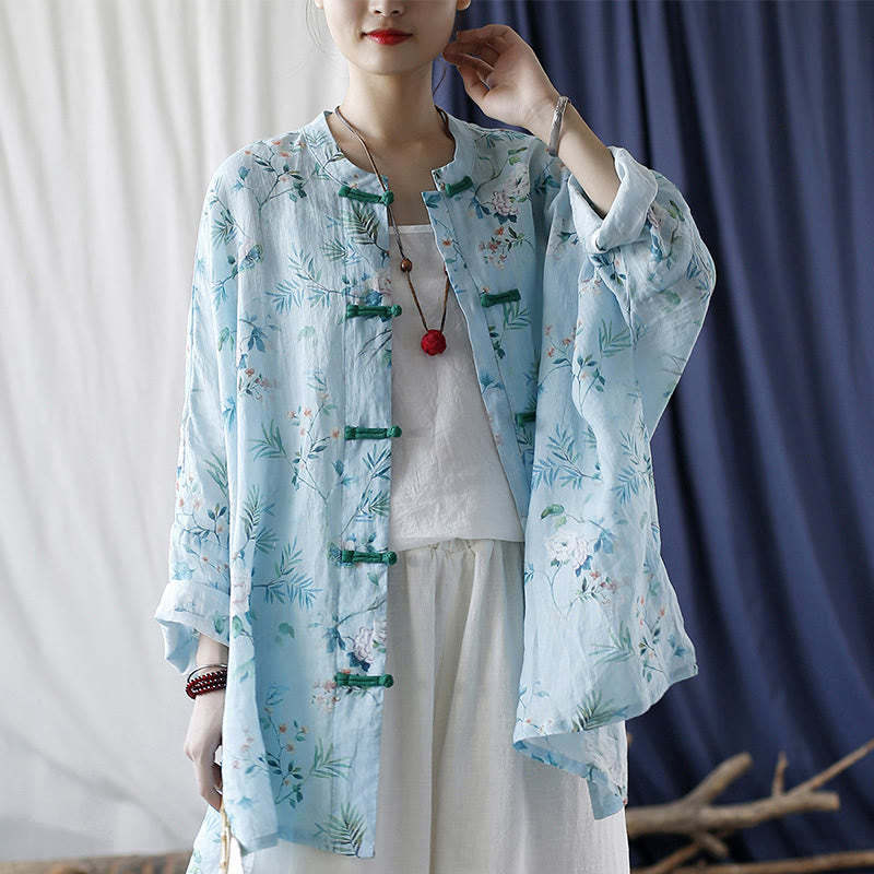 Light Green Pink Flowers Green Leaves Frog-Button Long Sleeve Ramie Linen Jacket Shirt