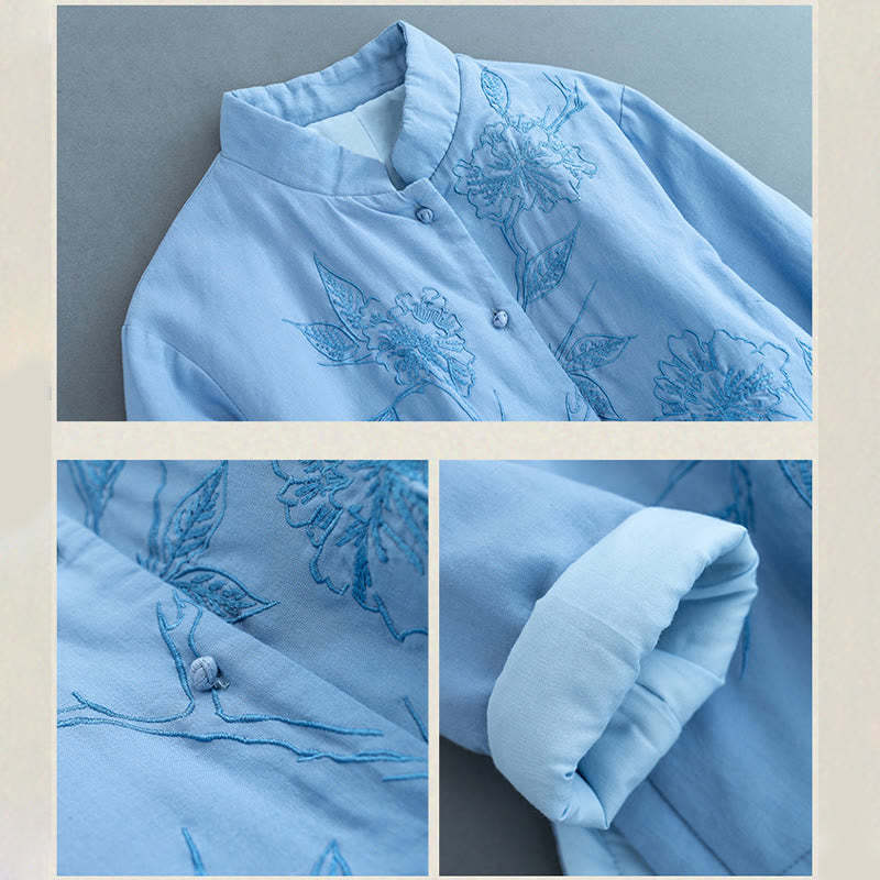 Retro Flower Design Thermal Long Sleeve Cotton Linen Women's Shirt