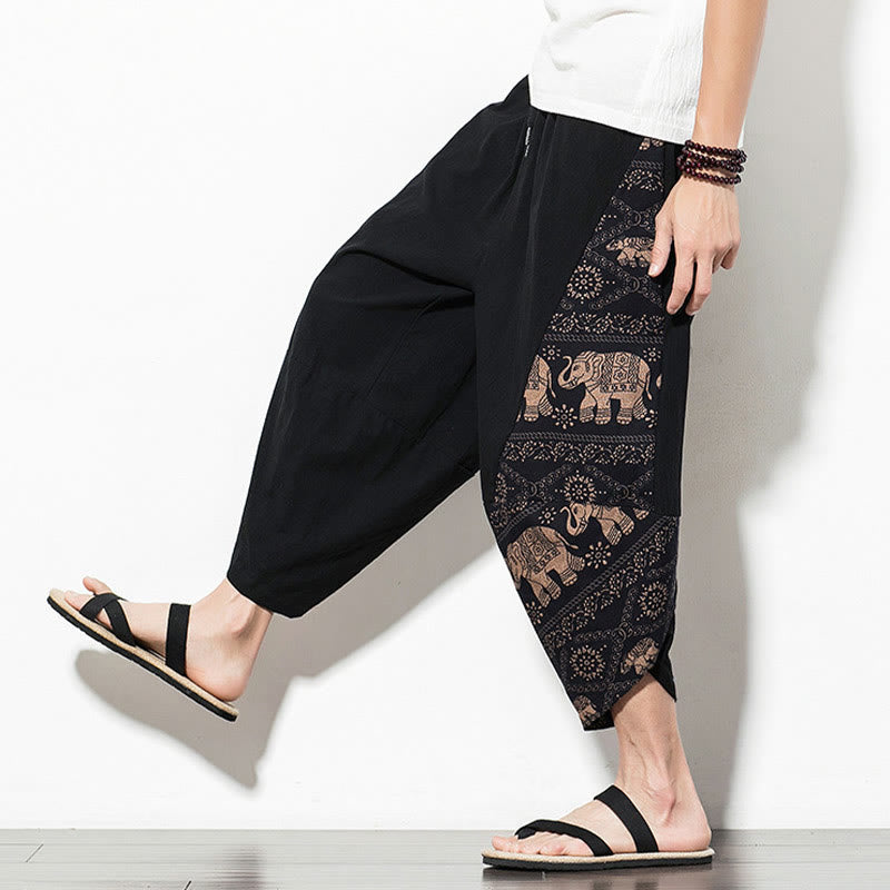 Brown Elephant Print Cotton Men's Cropped Harem Pants With Pockets