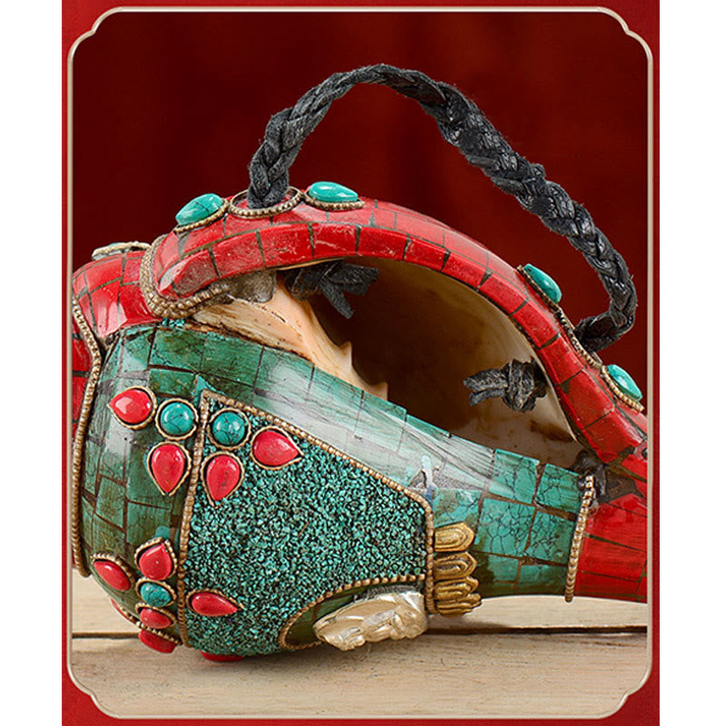 Tibetan Handmade Shankha Om Mani Padme Hum mystic zen Avalokitesvara Turquoise Conch Shell Positive Decoration