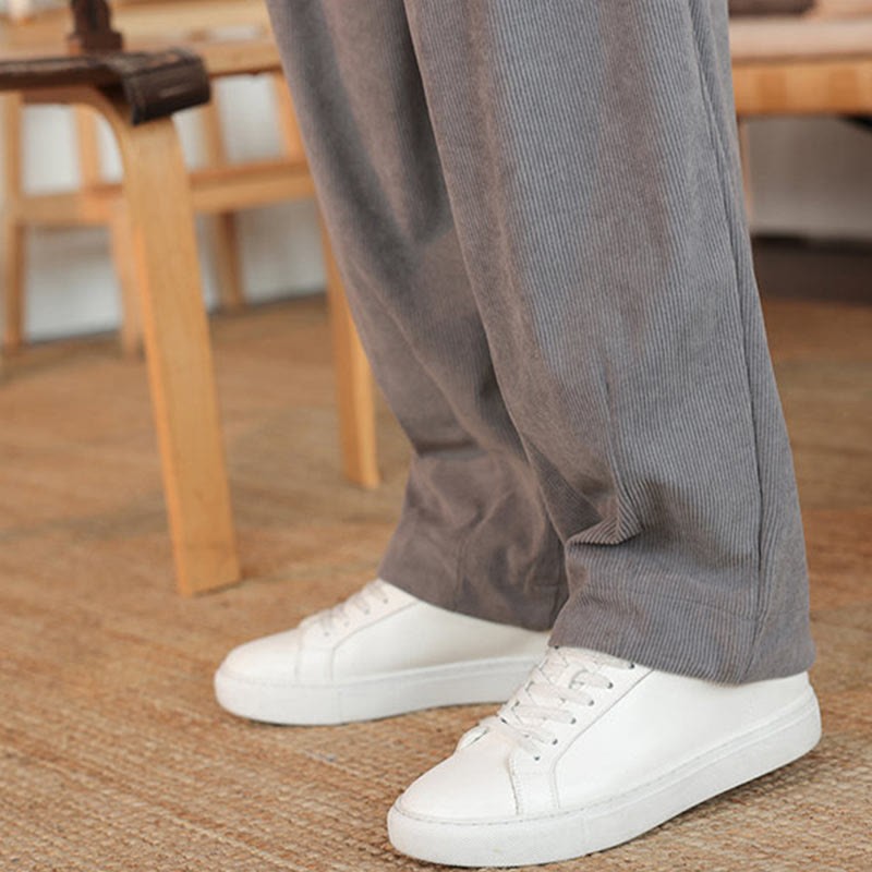 Fall Winter Men's Drawstring Corduroy Solid Pants With Pockets